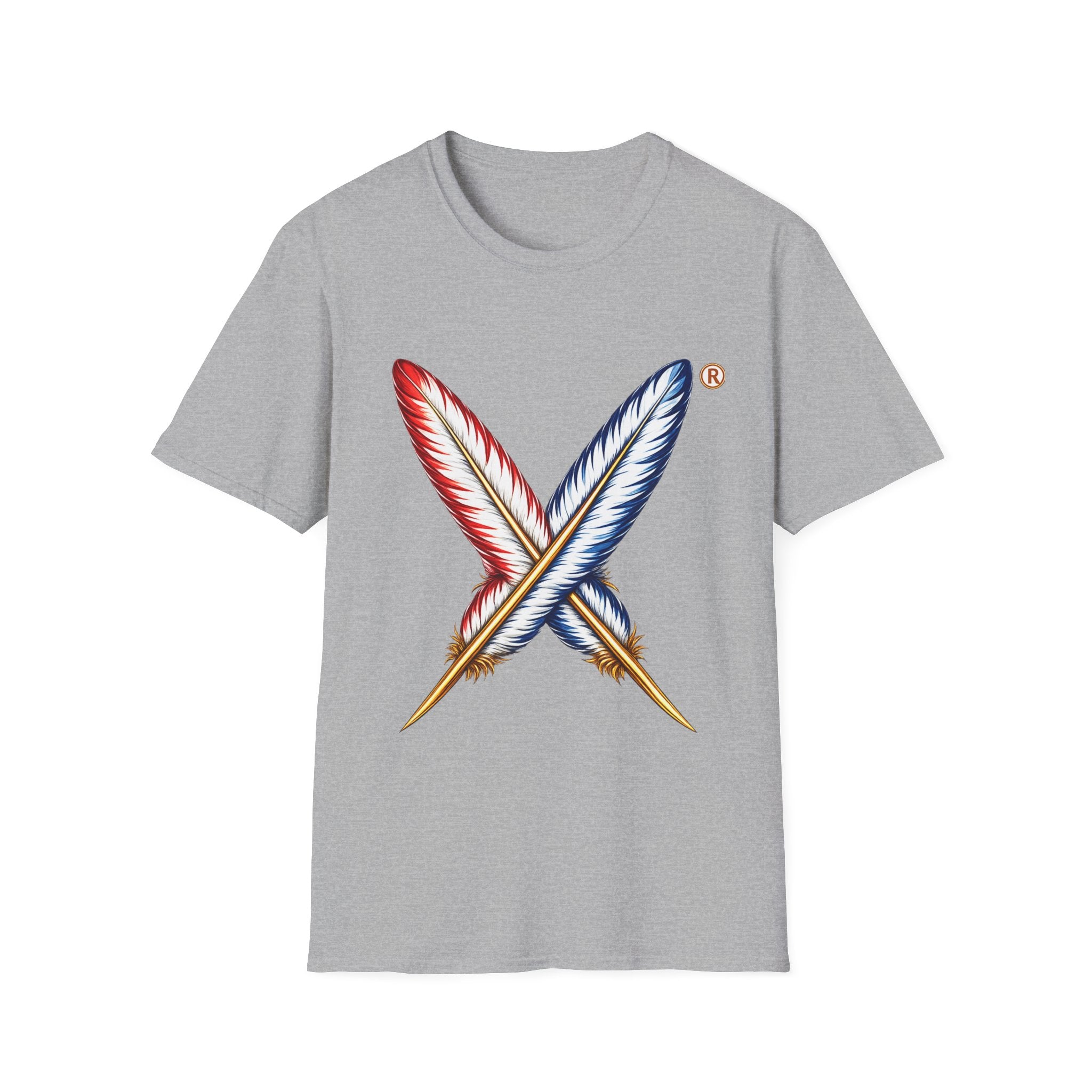 Activists X® Gold Feather Cross Tee — Red & Blue Tribal Feather Graphic T-Shirt