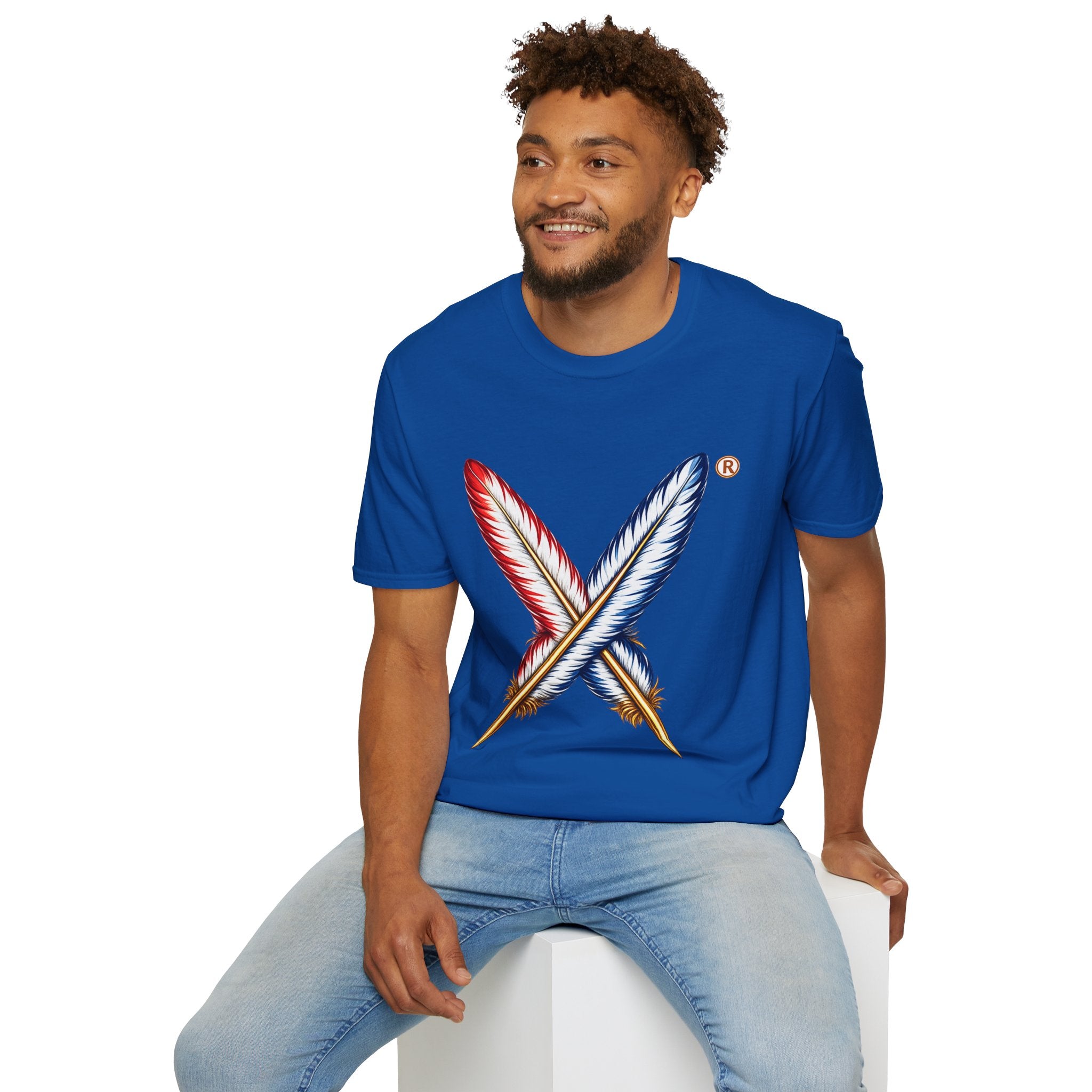 Activists X® Gold Feather Cross Tee — Red & Blue Tribal Feather Graphic T-Shirt