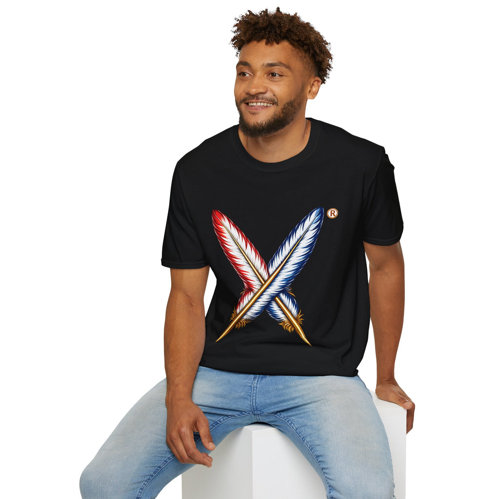 Activists X® Gold Feather Cross Tee — Red & Blue Tribal Feather Graphic T-Shirt